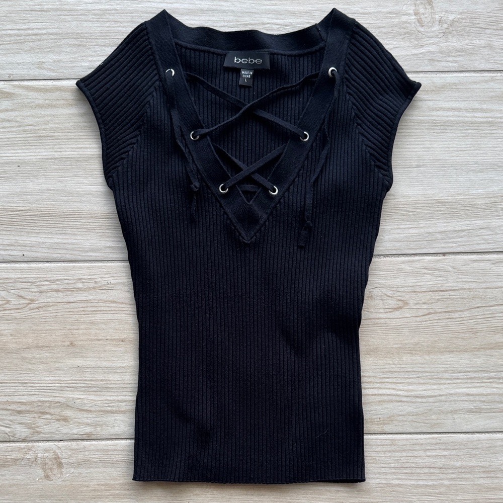 Bebe Black Ribbed Lace-Up Top